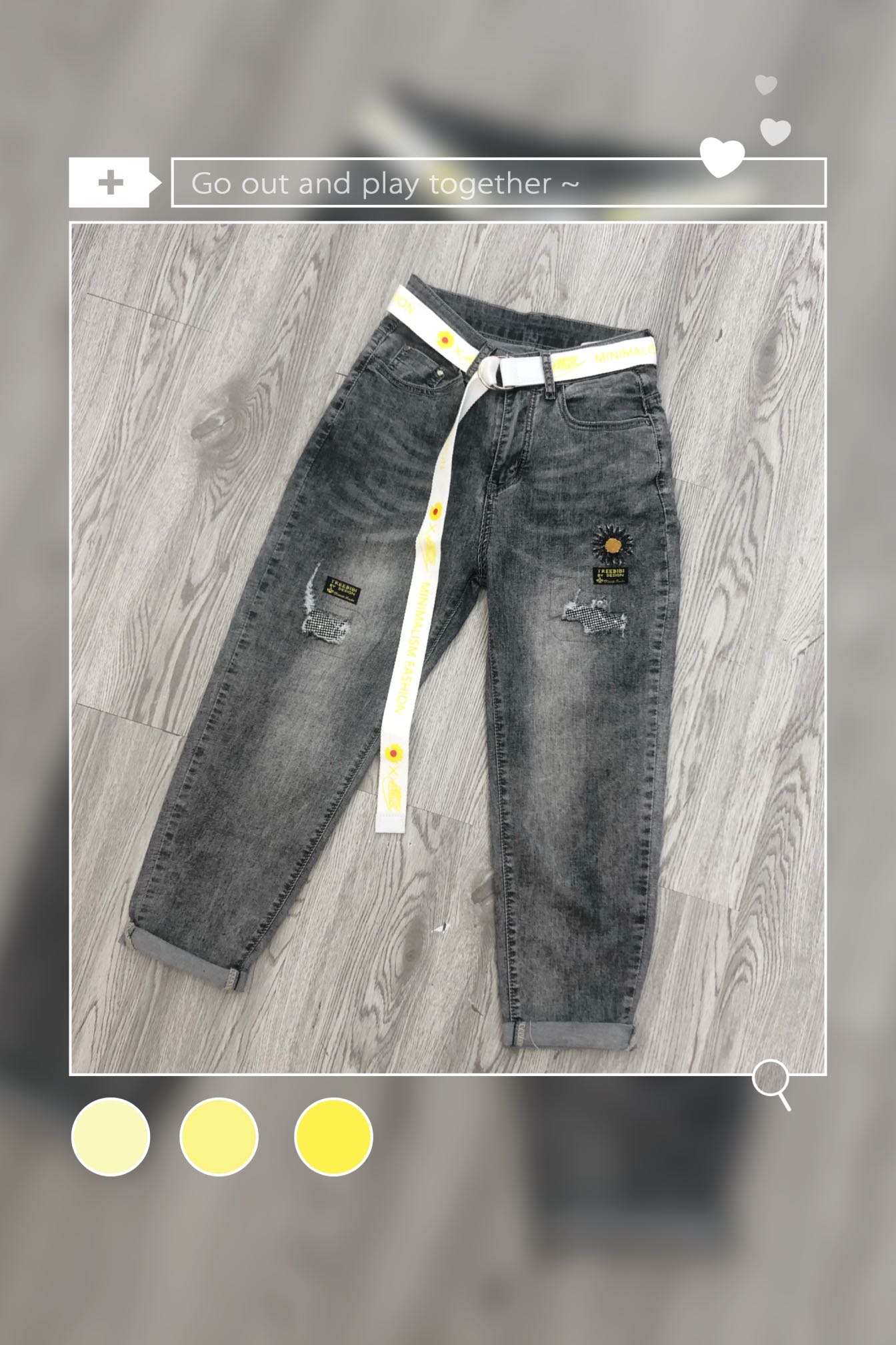 Denim sample 07: grey jeans with a pale belt and decorative details