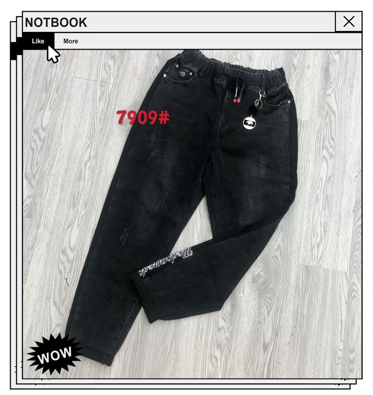 Denim sample 12: black jeans with small decorative motifs