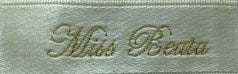 Embroidered script brand logo from the company introduction